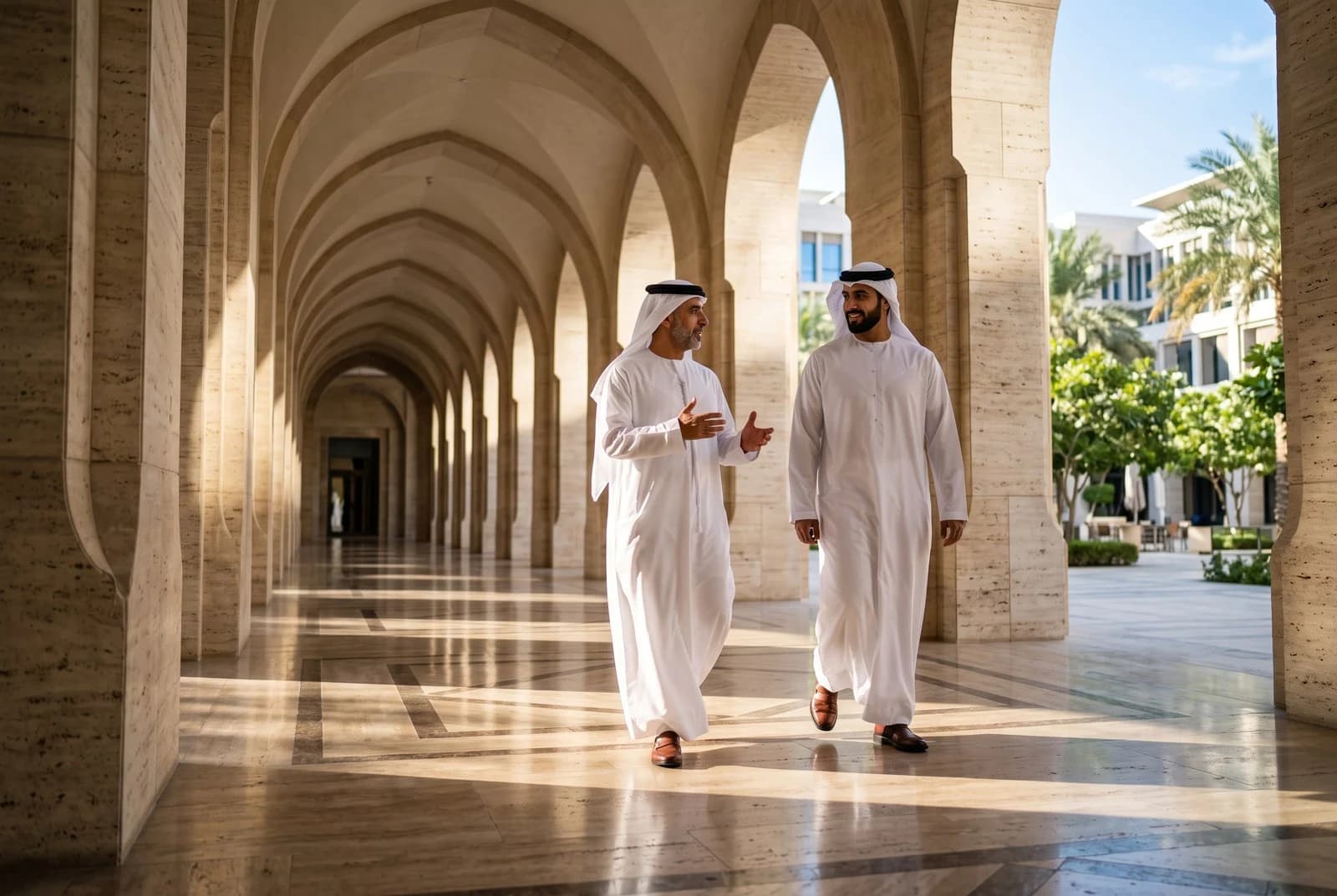 Two people in conversation beneath a sunlit arcade, from the brand reference collection.